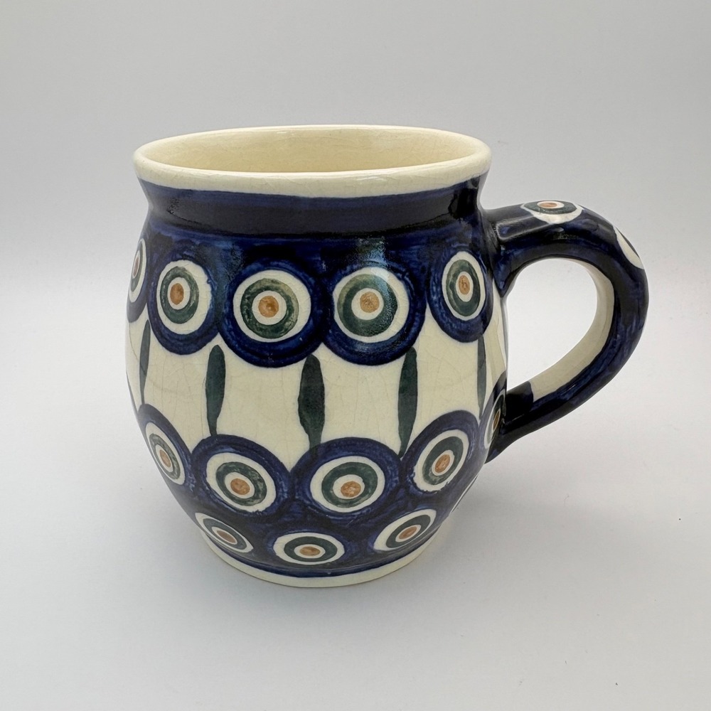 Boleslawiec Polish Pottery Painted Peacock Eye Coffee Tea 16oz Mug Blue Green